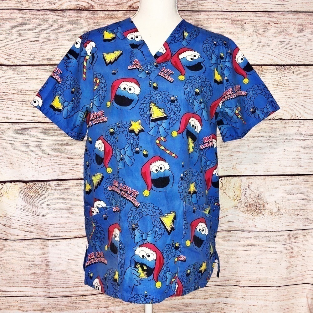 Sesame Street Blue Cookie Monster Santa Cookies Scrub Top Uniform Size S
